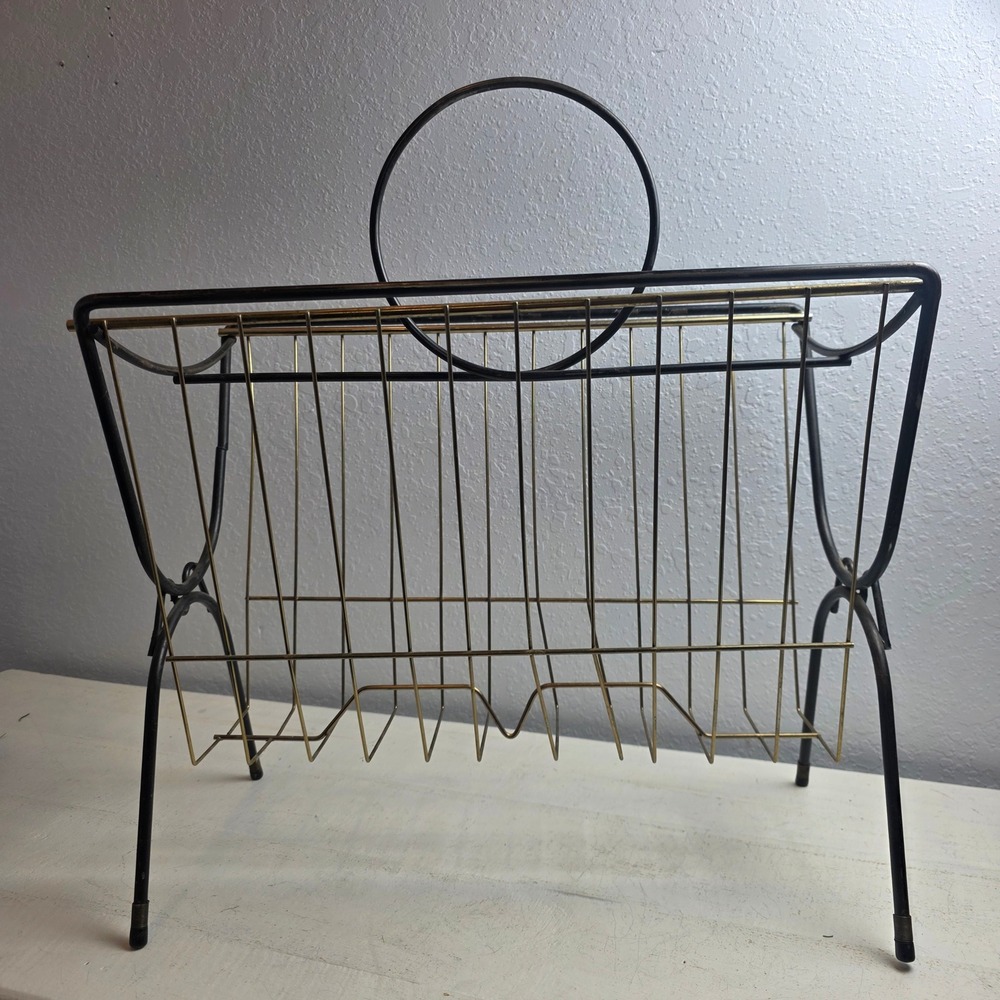 Vintage Mid Century Metal Magazine Rack Holder Black Gold Decor Vinyl Storage‎